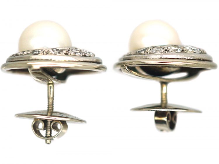 14ct White Gold Round Cultured Pearl & Diamond Crescent Moon Earrings