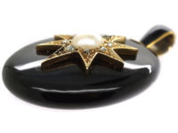 Victorian 18ct Gold, Onyx, Natural Pearl & Rose Diamond Oval Pendant with Locket Back