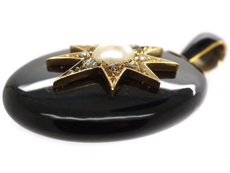 Victorian 18ct Gold, Onyx, Natural Pearl & Rose Diamond Oval Pendant with Locket Back