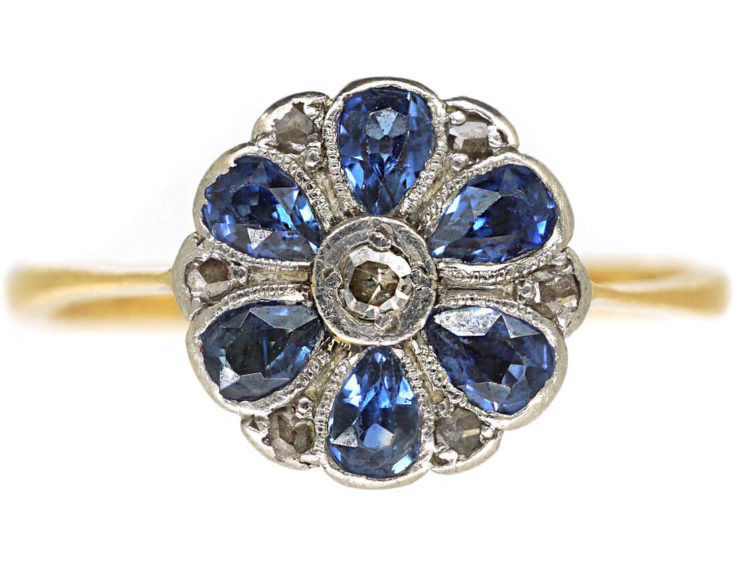 Art Deco 18ct Gold & Platinum, Sapphire & Diamond Cluster Ring