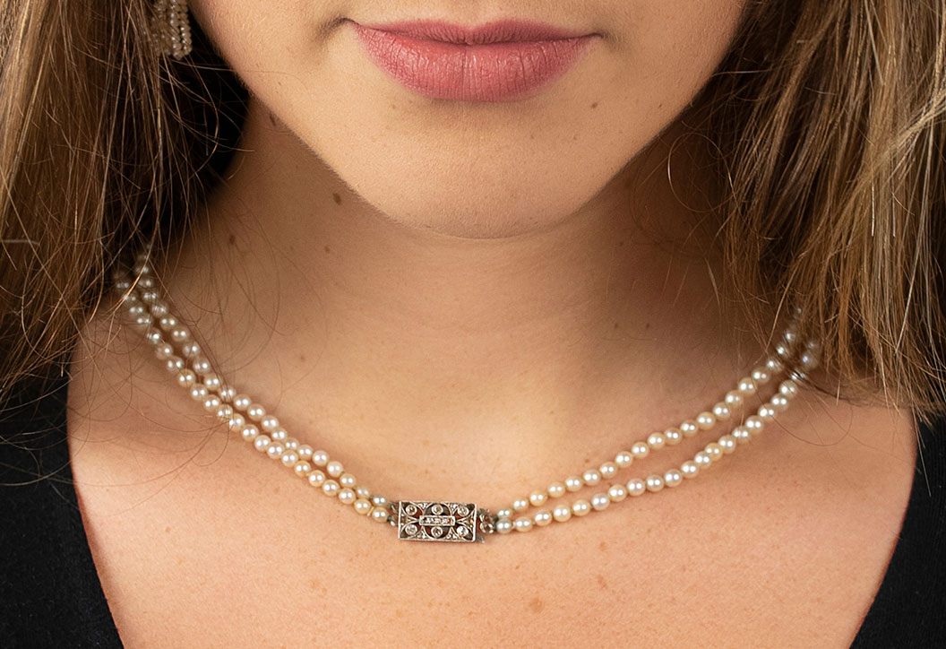 Two Row Graduated Pearl Necklace with Diamond Clasp