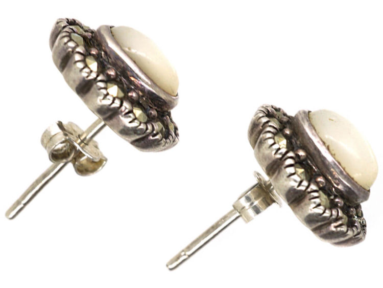 Silver, Marcasite & Mother of Pearl Oval Cluster Earrings