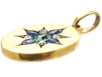 Edwardian 18ct Gold Oval Pendant set with an Emerald, Rose Diamonds & Sapphires