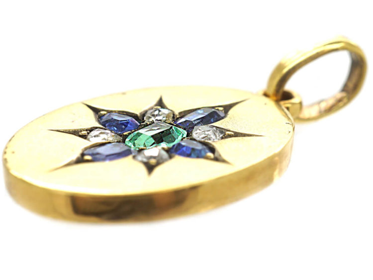 Edwardian 18ct Gold Oval Pendant set with an Emerald, Rose Diamonds & Sapphires