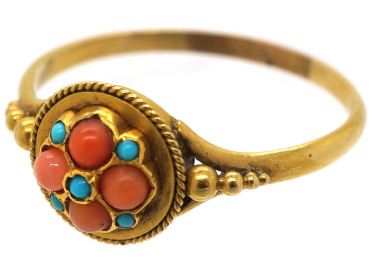 Regency 18ct Gold, Coral & Turquoise Cluster Ring