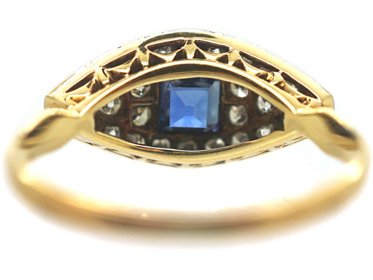 Art Deco 18ct Gold & Platinum Square Cut Sapphire & Diamond Boat Shaped Ring