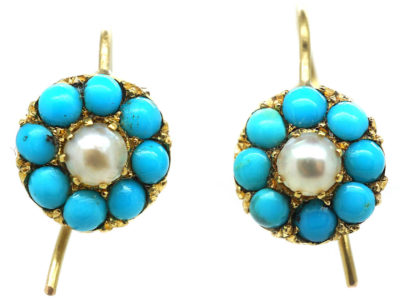 Edwardian 18ct Gold, Natural Split Pearl & Turquoise Cluster Earrings Edwardian 18ct Gold, Natural Split Pearl & Turquoise Cluster Earrings