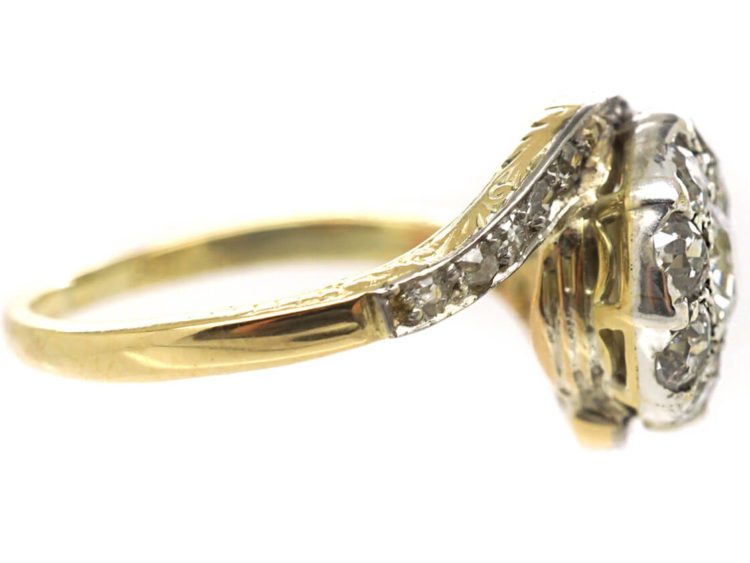 Edwardian 14ct Gold & Diamond Cluster Ring with Scroll Shoulders