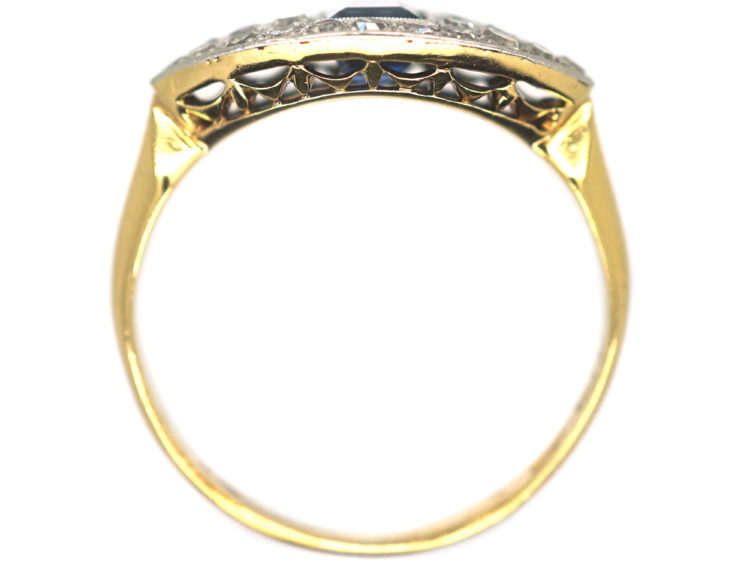 Art Deco 18ct Gold & Platinum Square Cut Sapphire & Diamond Boat Shaped Ring