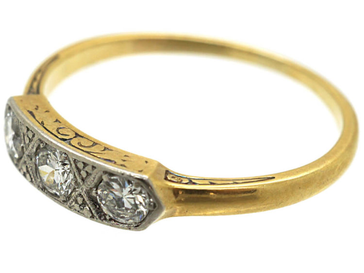 Art Deco 14ct Gold & Platinum Three Stone Diamond Ring