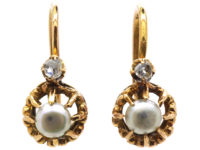 French 18ct Gold, Natural Pearl & Rose Diamond Small Earrings