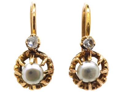 French 18ct Gold, Natural Pearl & Rose Diamond Small Earrings