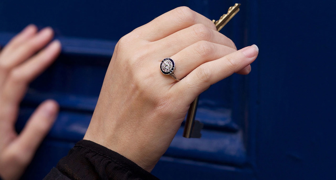 Art Deco Platinum Target Ring Set With Diamonds & Sapphires
