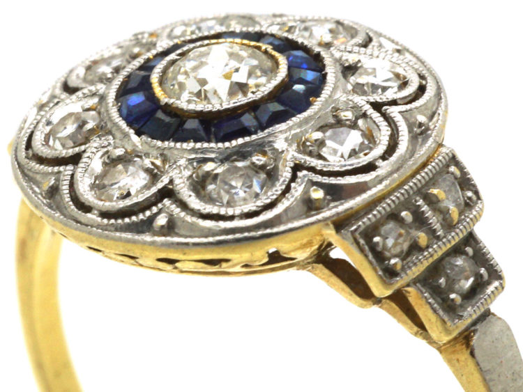 Art Deco Platinum & 18ct Gold, Sapphire & Diamond Cluster Ring