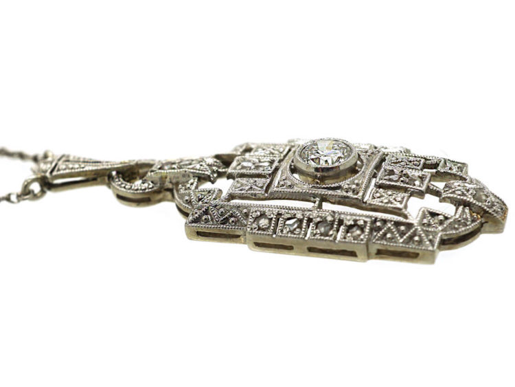 Art Deco 14ct White Gold & Diamond Pendant on 14ct White Gold Chain