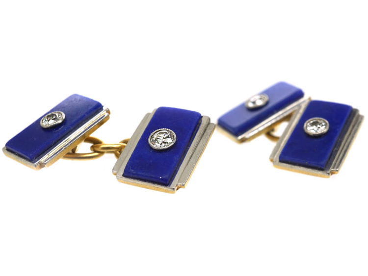 Art Deco 18ct Gold & Platinum, Lapis & Diamond Rectangular Cufflinks