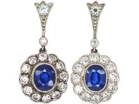 Edwardian Platinum & 18ct Gold , Sapphire & Diamond Oval Cluster Drop Earrings