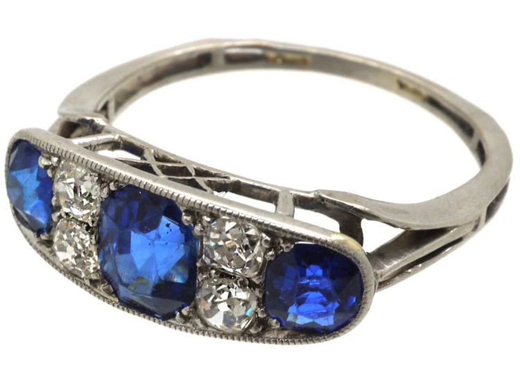 French Art Deco Platinum, Three Stone Sapphire & Diamond Ring