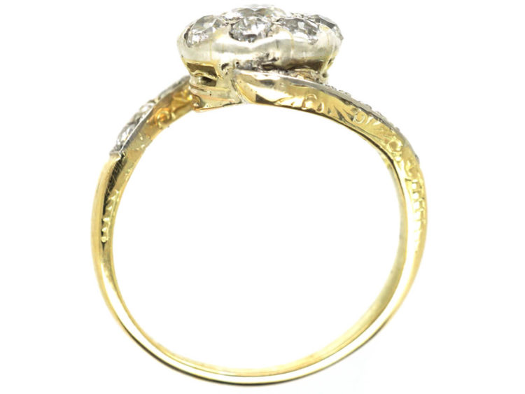Edwardian 14ct Gold & Diamond Cluster Ring with Scroll Shoulders