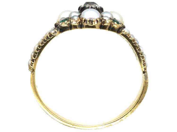 Georgian 15ct Gold, Natural Split Pearl, Diamond & Emerald Cluster Ring