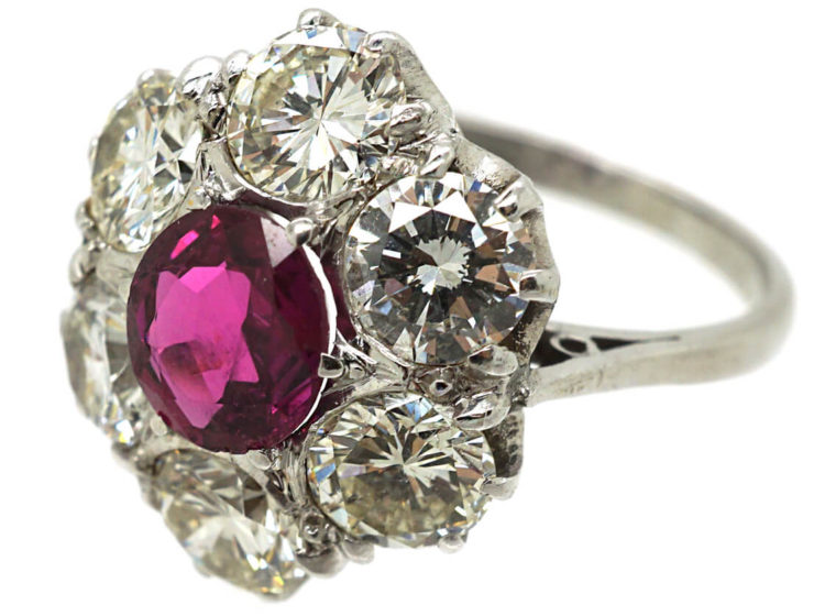 Large 18ct White Gold, Ruby & Diamond Oval Cluster Ring