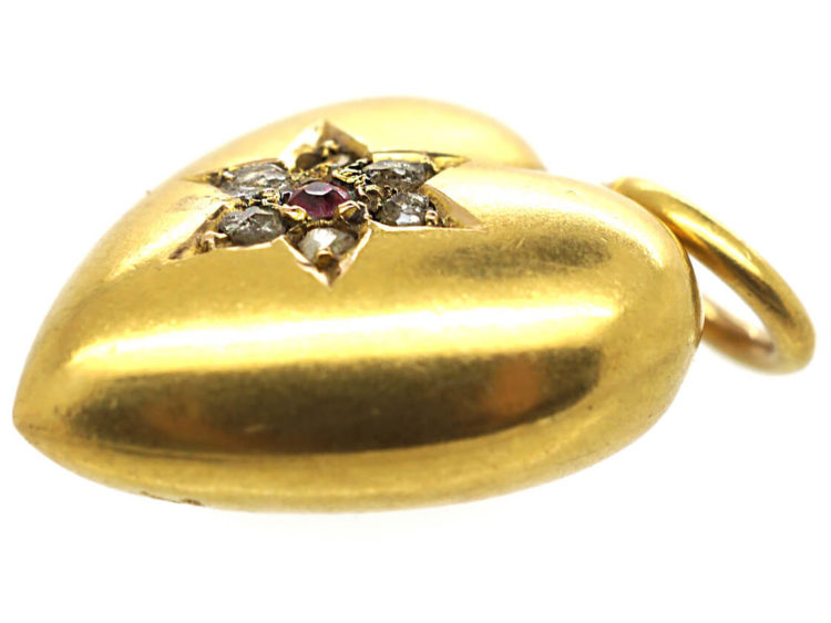 Edwardian 15ct Gold Heart Pendant set with a Ruby & Rose Diamonds