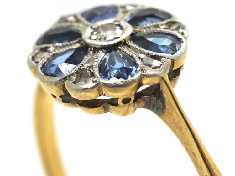 Art Deco 18ct Gold & Platinum, Sapphire & Diamond Cluster Ring