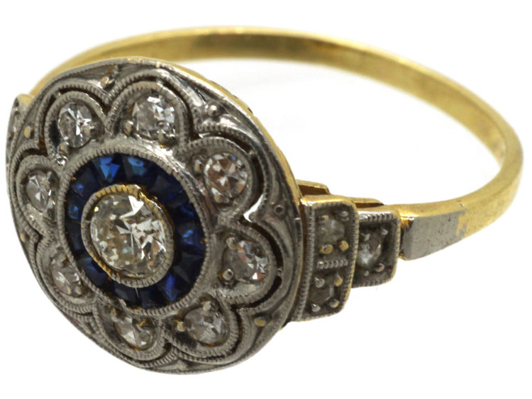 Art Deco Platinum & 18ct Gold, Sapphire & Diamond Cluster Ring
