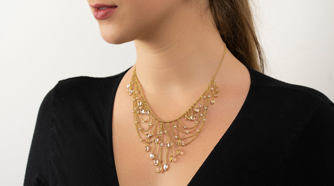 Edwardian 15ct Gold, Moonstone & Natural Pearls Festoon Necklace