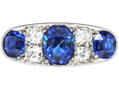 French Art Deco Platinum, Three Stone Sapphire & Diamond Ring French Art Deco Platinum, Three Stone Sapphire & Diamond Ring