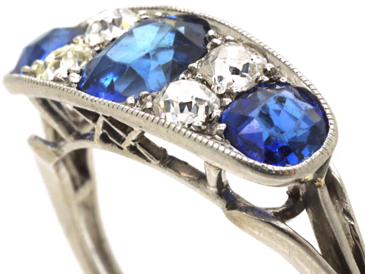 French Art Deco Platinum, Three Stone Sapphire & Diamond Ring