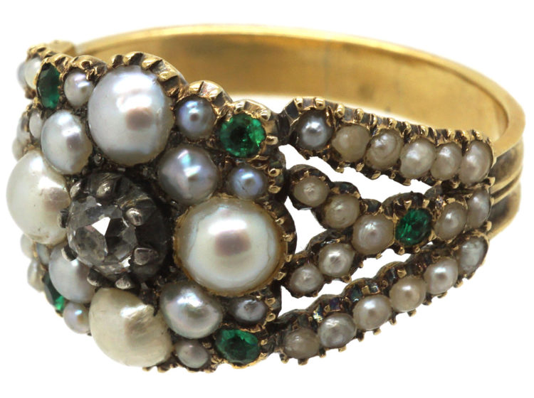 Georgian 15ct Gold, Natural Split Pearl, Diamond & Emerald Cluster Ring