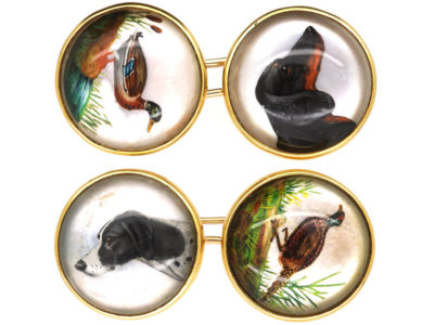 French 18ct Gold Hunting Dogs, Pheasant & Duck Rock Crystal Intaglio Cufflinks French 18ct Gold Hunting Dogs, Pheasant & Duck Rock Crystal Intaglio Cufflinks