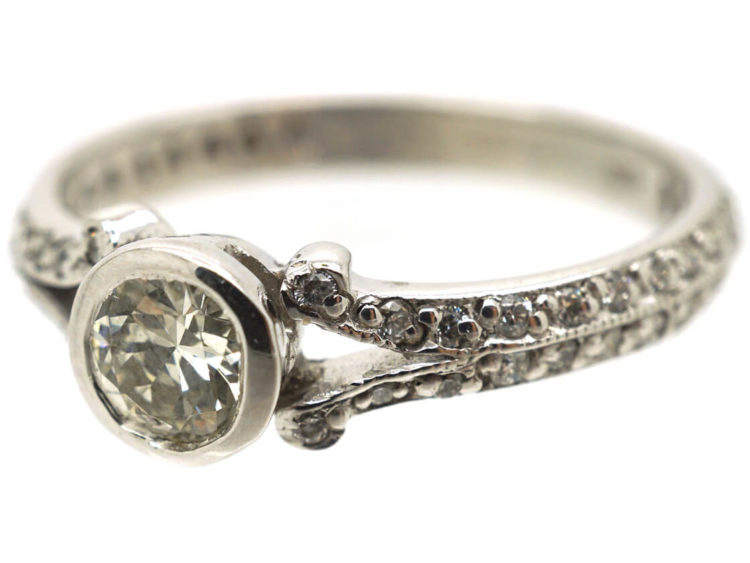 18ct White Gold Solitaire Diamond Ring with Pave Set Diamond Shoulders