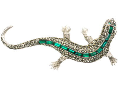 Art Deco Silver & Green & White Paste Lizard Brooch