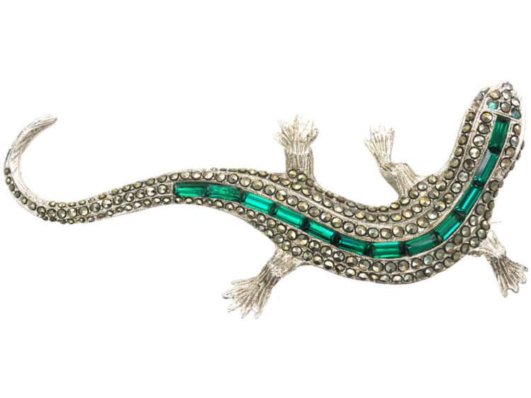 Art Deco Silver & Green & White Paste Lizard Brooch