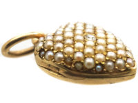 Edwardian 15ct Gold Diamond & Natural Split Pearl Pave Set Heart Locket