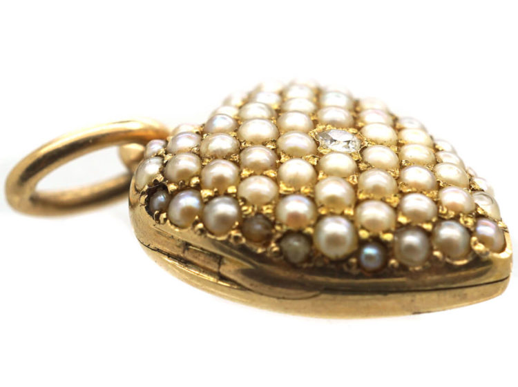Edwardian 15ct Gold Diamond & Natural Split Pearl Pave Set Heart Locket