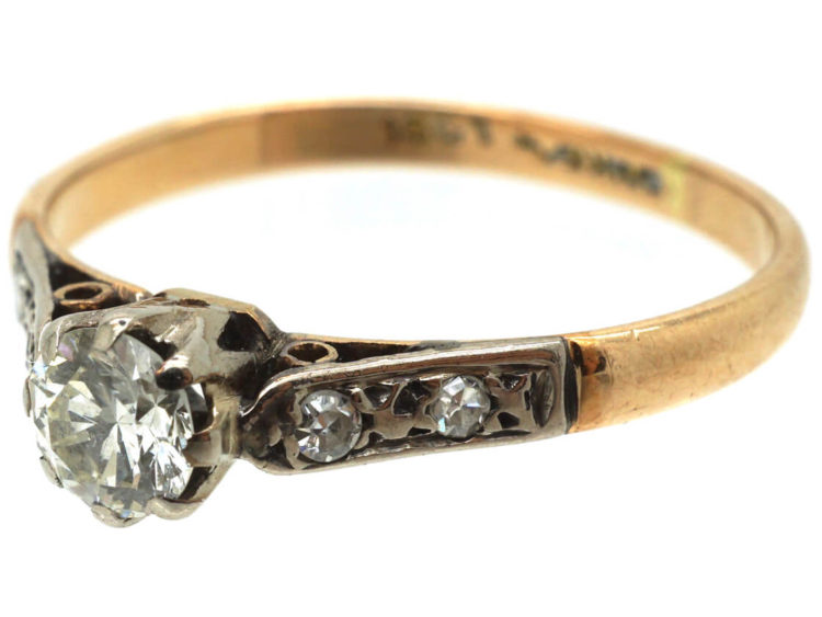 Art Deco 18ct Gold & Platinum, Diamond Solitaire Ring with Diamond Set Shoulders