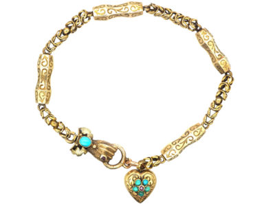 Georgian 15ct Gold & Turquoise Bracelet with Hand Clasp & Heart in Original Case Georgian 15ct Gold & Turquoise Bracelet with Hand Clasp & Heart in Original Case