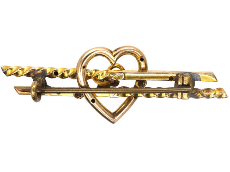Edwardian 9ct Gold Brooch with Heart & Three Leaf Clover