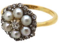 Edwardian 18ct Gold Natural Pearl & Diamond Cluster Ring