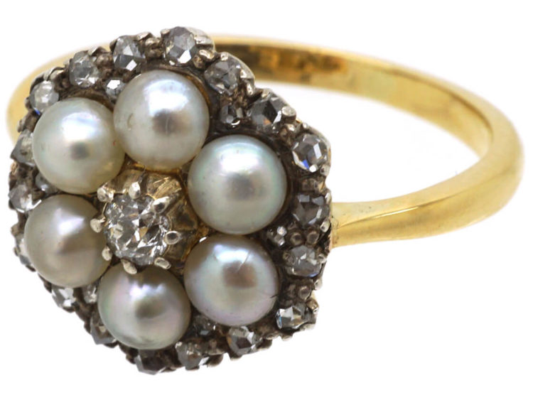 Edwardian 18ct Gold Natural Pearl & Diamond Cluster Ring