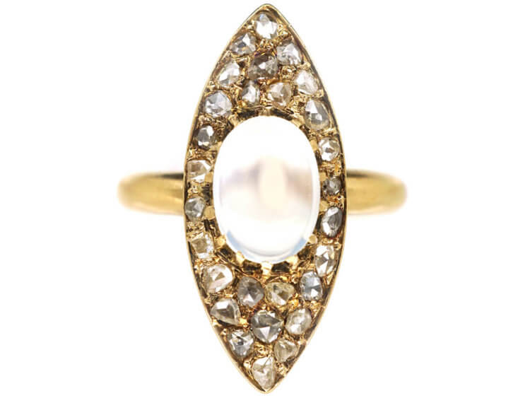 Edwardian 18ct Gold Marquise Shaped Diamond & Moonstone Ring