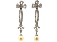 Edwardian Platinum, Diamond & Pearl Drop Earrings with Bow Drops