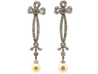 Edwardian Platinum, Diamond & Pearl Drop Earrings with Bow Drops