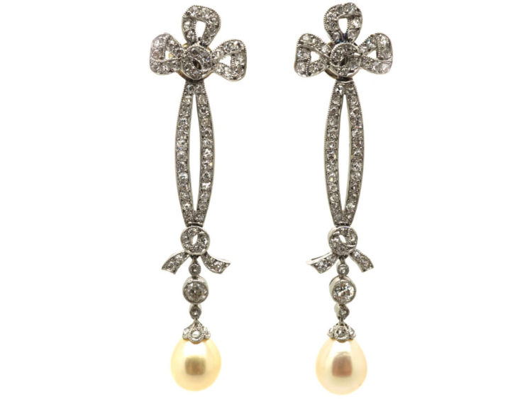 Edwardian Platinum, Diamond & Pearl Drop Earrings with Bow Drops