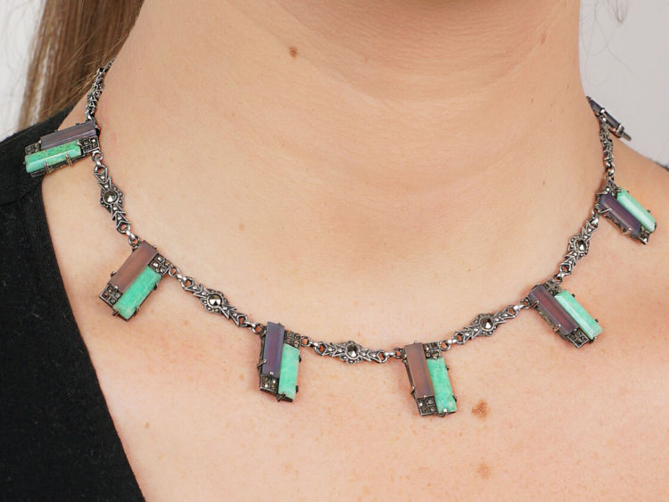Art Deco Silver, Amazonite & Marcasite Necklace