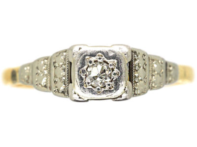 Art Deco 18ct Gold & Platinum Solitaire Diamond Ring with Stepped Shoulders