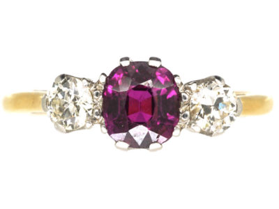 Art Deco 18ct Gold, Ruby & Diamond Three Stone Ring